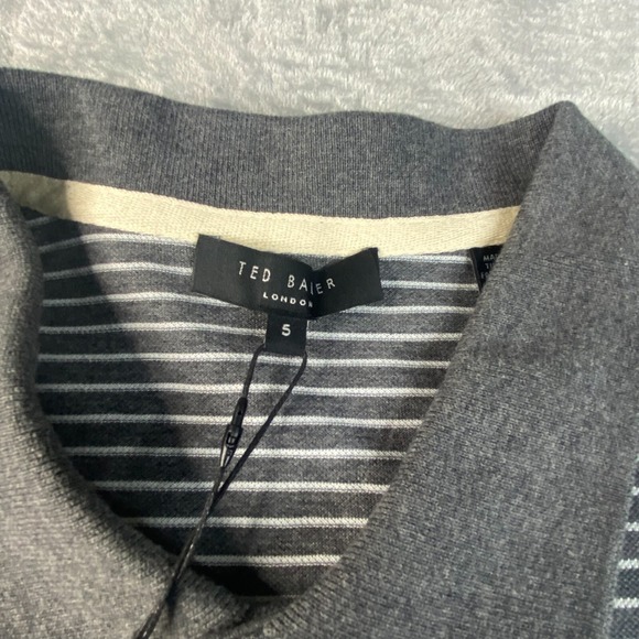 Ted Baker Polo Shirt Men Size 5 (XL) Gray Grey Striped Short Sleeve $120 NWT New - Picture 11 of 11